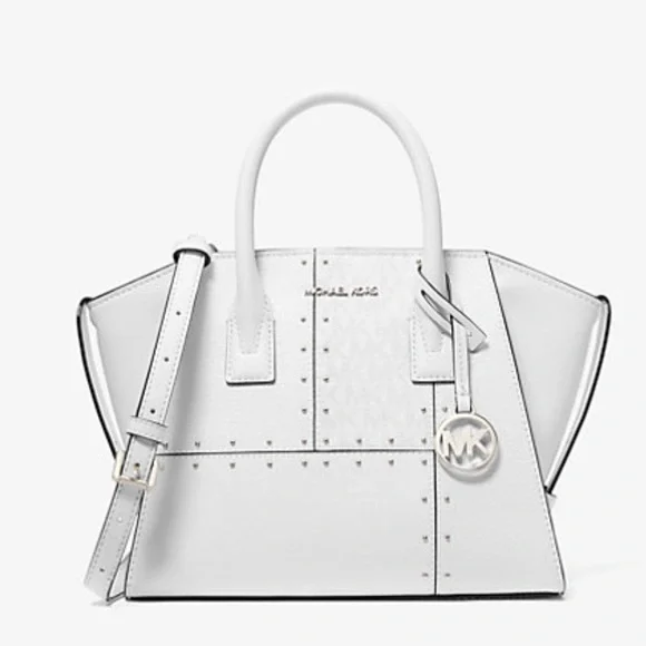 Michael Kors Avril Small Studded Patchwork and Signature Logo Satchel Crossbody - Picture 4 of 16